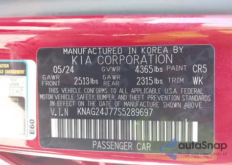 2025 Kia K5 Lxs z USA, uszkodzony, nr VIN KNAG24J77S5289697